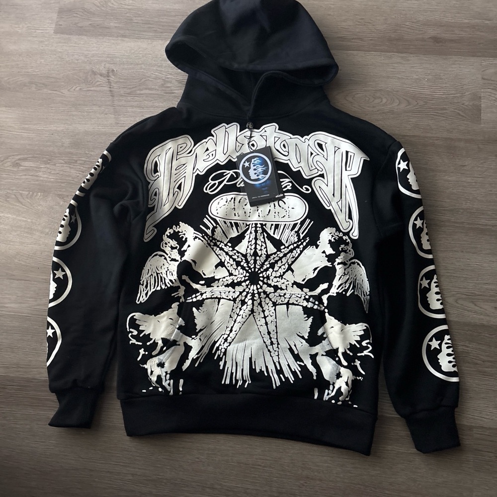 Black Graphic Pullover Hoodie with White Print